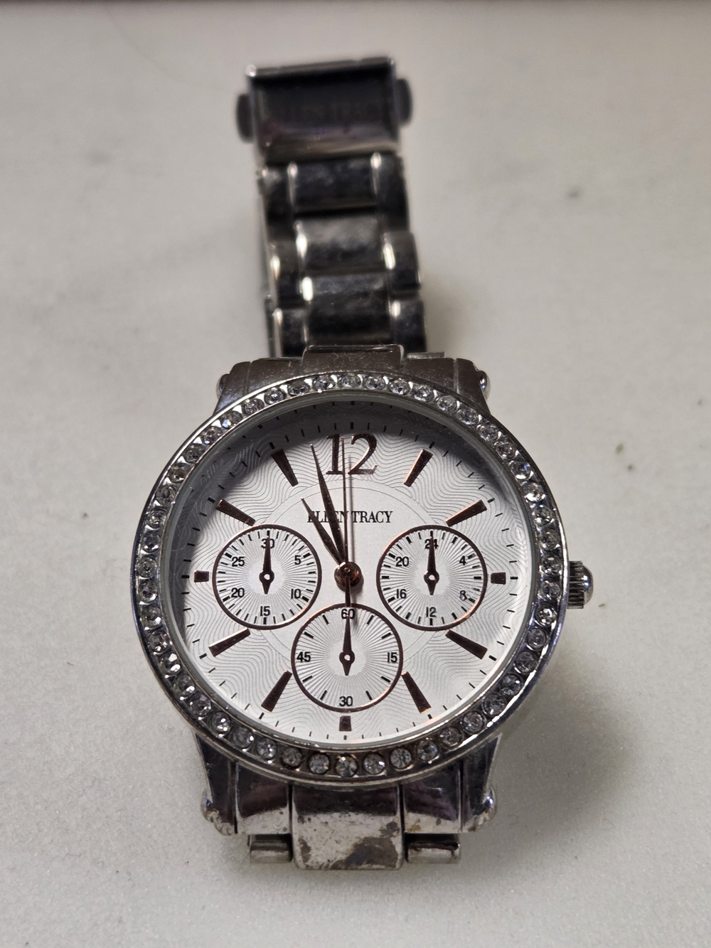 ELLEN TEACY Silver Crystal-Accent Women's Watch - White Dial NEW BATTERY